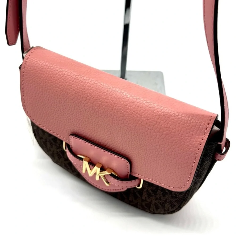 Michael Kors Small Reed Leather Saddle Crossbody Bag Brown/Light Pink